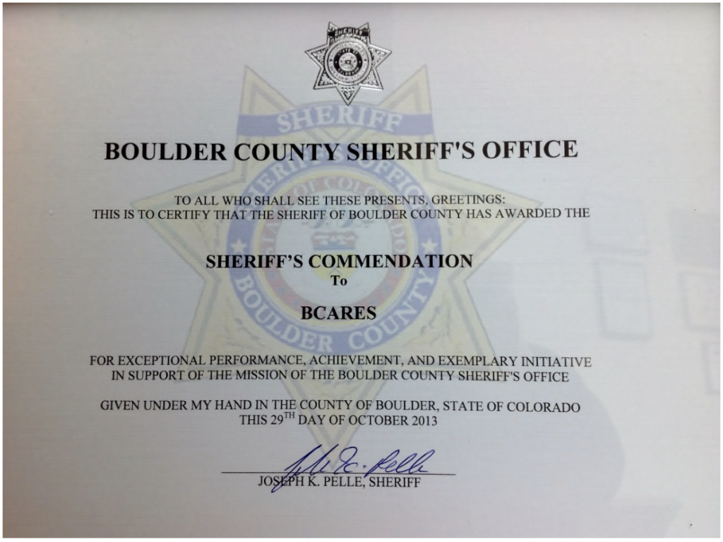 Boulder Co Sherrif's Office commendation to Boulder Co. ARES (WM0G)