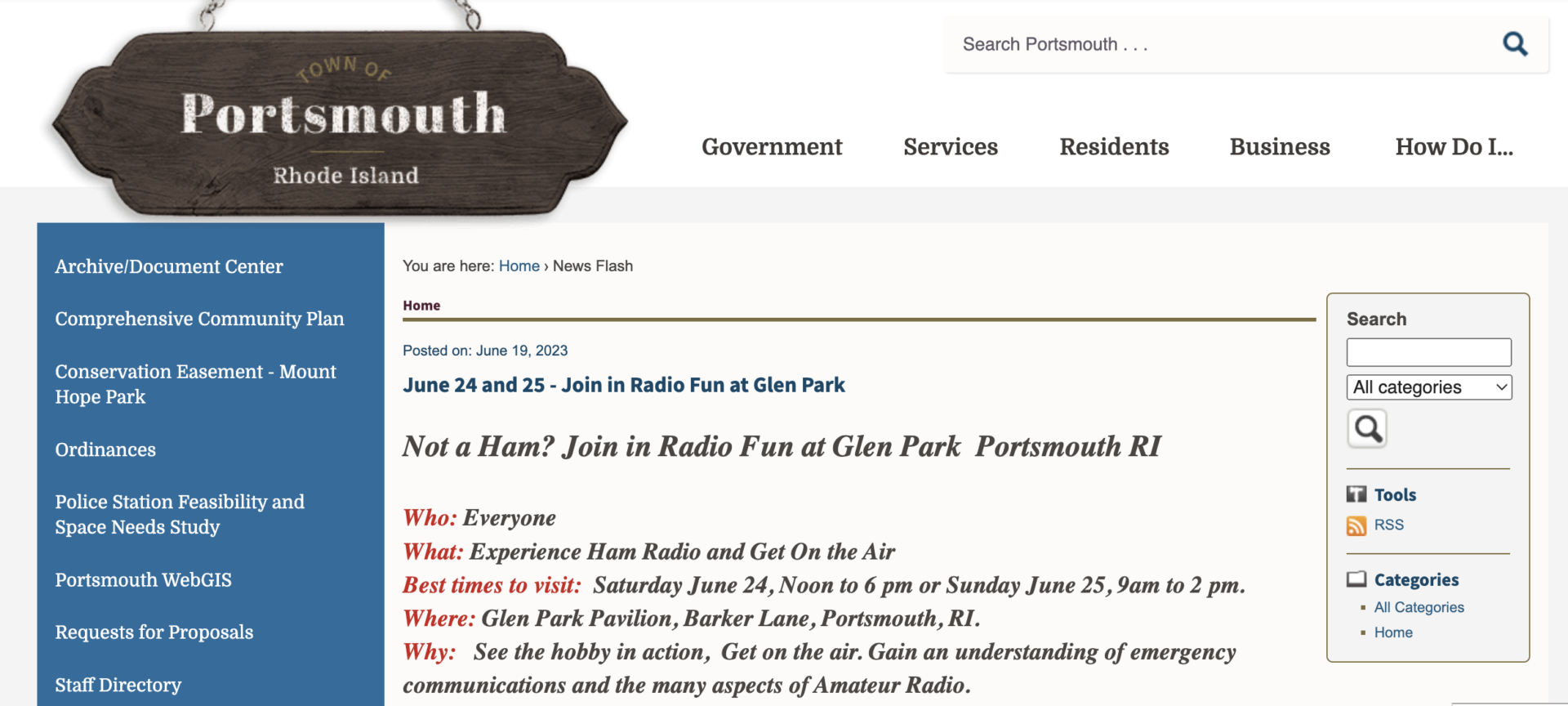 Screen shot of Town of Portsmouth (RI) website publicizing Field Day 2023